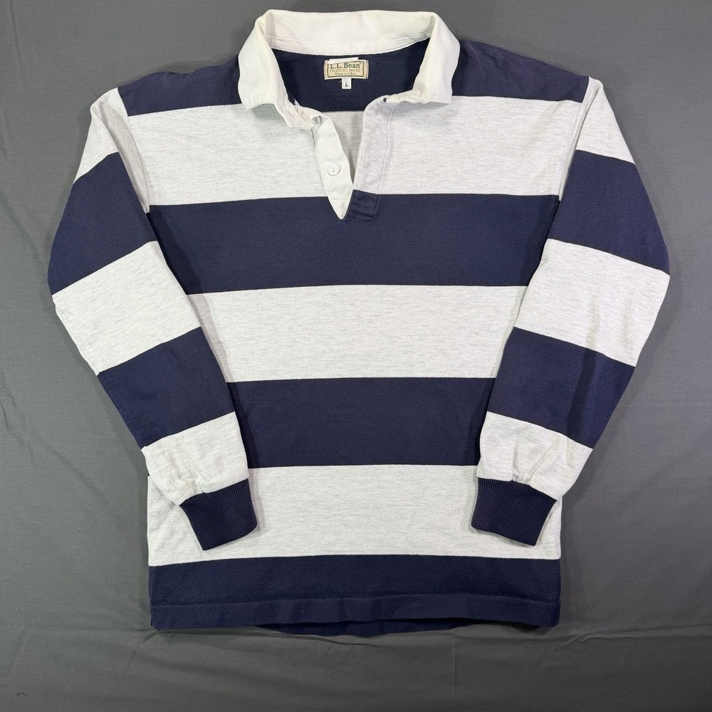 Vtg LL Bean Rugby Shirt Mens L 90s Long Sleeve Usa Made Striped Navy And White